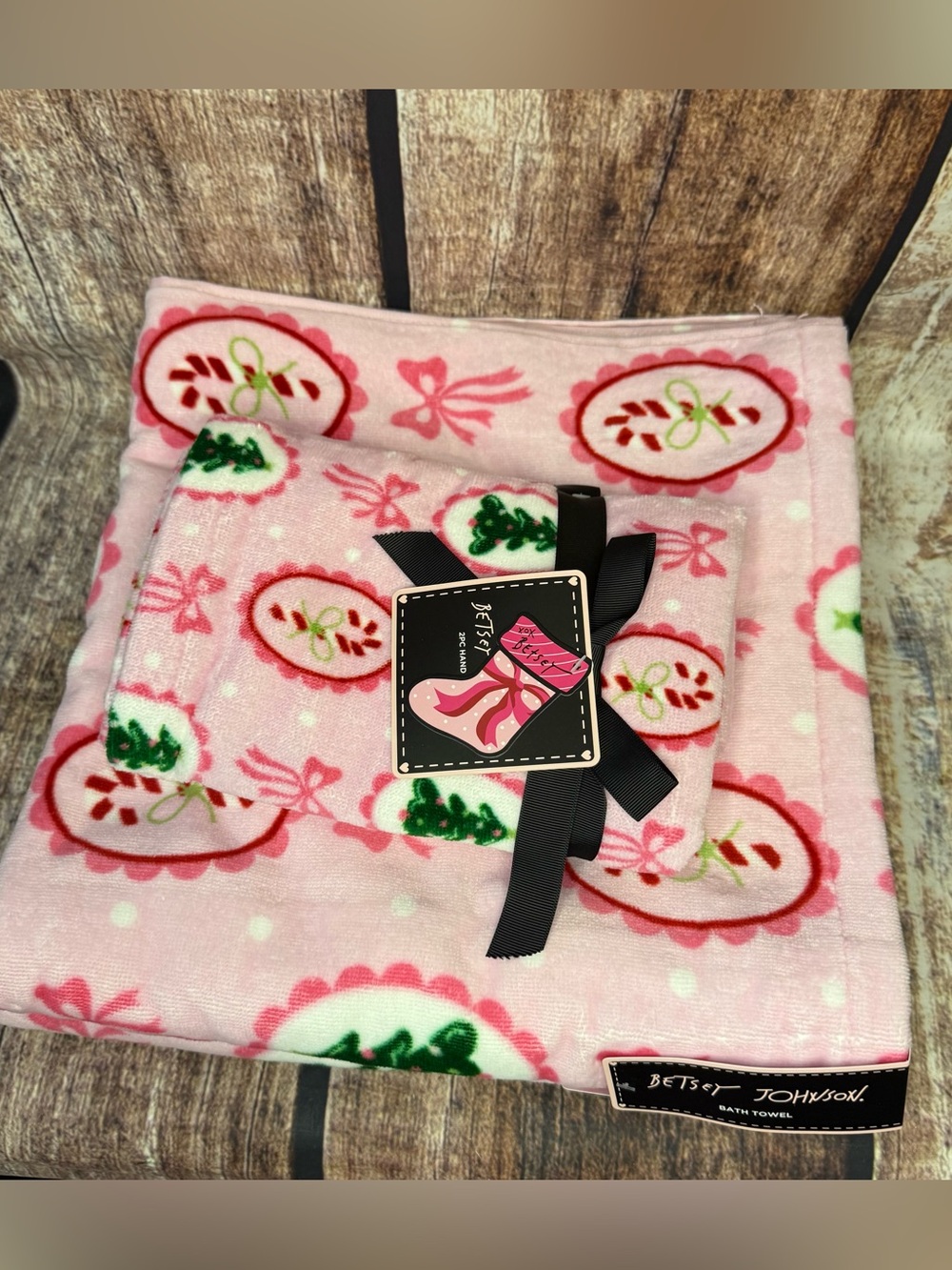 Betsey Johnson Pink Holiday Bib Set with Green Tree & Red Candy Accents